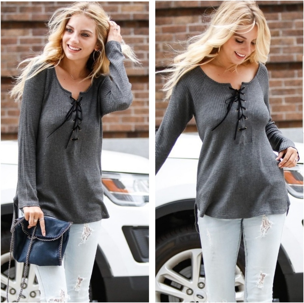 Lace Up Waffle Knit Long Sleeve Tunic Top - Picture 2 of 2